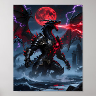 Affiche Fantaisie de dragon noir armé de lune de sang roug