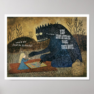 AFFICHE FANTAISIE ! JEUNE FILLE ET MONSTRE JOUENT À DES JE