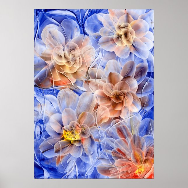 Affiche Fantasie Florale Peinte à la Main - Floraison Bleu (Devant)