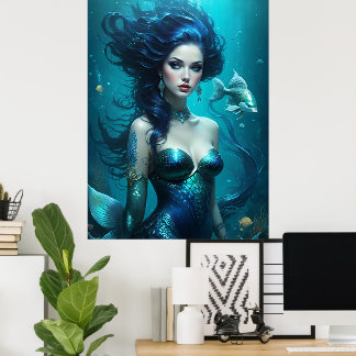 Affiche Fantastique Belle Princesse Sirène Bleue Sous l'Ea