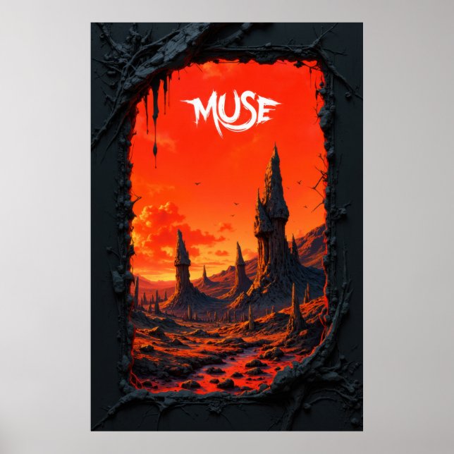 Affiche Fantasy landscape with fiery sky and towering (Devant)