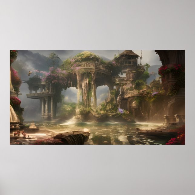 Affiche Fantasy summer vacation resort with a lake (Devant)