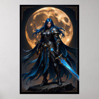Affiche Fantasy Warrior Woman with Blue Hair and a Glowing