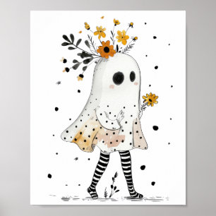 Affiche Fantôme à l'aquarelle & Tournesols Halloween fanta