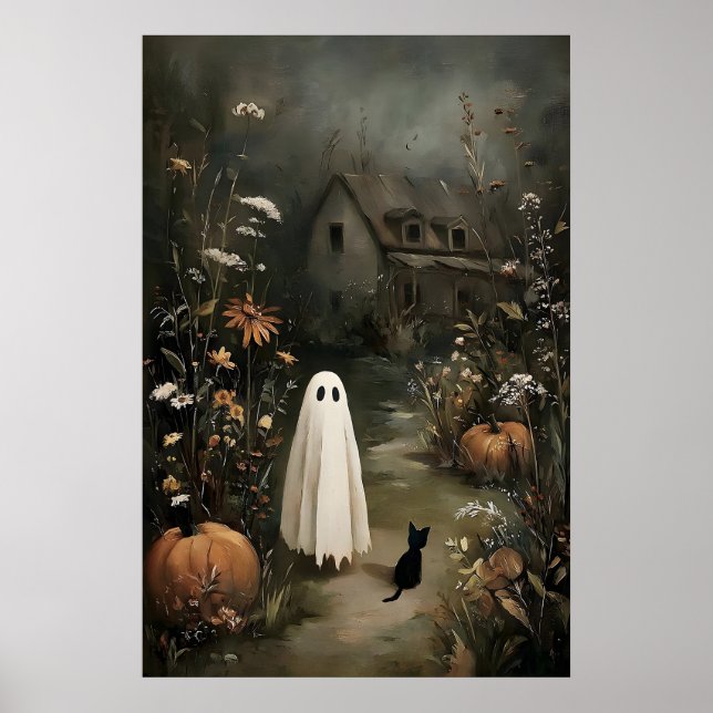 Affiche Fantôme avec chat noir la nuit – Maison hantée (Devant)