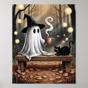 Affiche Fantôme branché avec café et chat noir en forêt