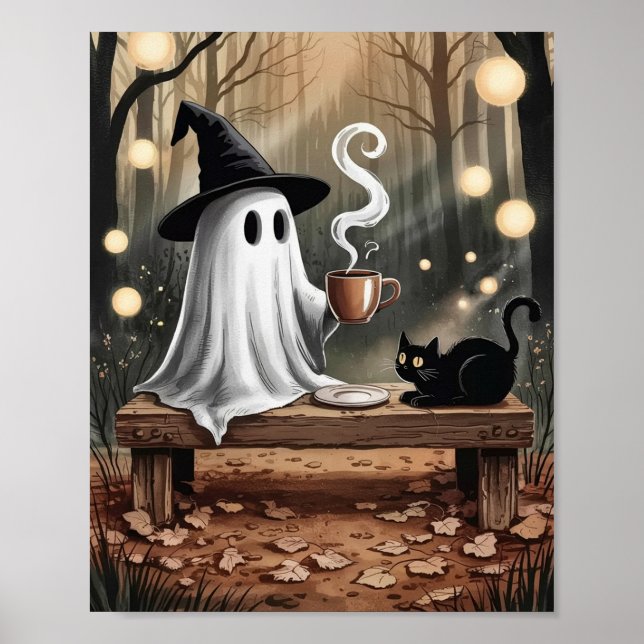 Affiche Fantôme branché avec café et chat noir en forêt (Devant)