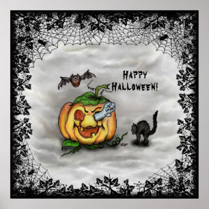 Affiche Fantôme, Chat, Chat et Citrouille, Bonne Halloween