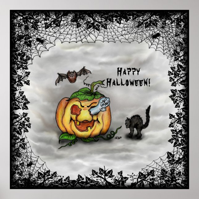 Affiche Fantôme, Chat, Chat et Citrouille, Bonne Halloween (Devant)