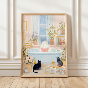 Affiche Fantôme Cozy lisant dans un bain moussant avec des