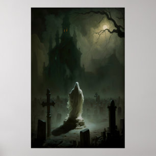 Affiche Fantôme dans le cimetière au clair de lune, Vintag