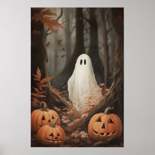Affiche Fantôme dans les bois d'automne avec citrouilles,