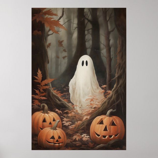 Affiche Fantôme dans les bois d'automne avec citrouilles,  (Devant)