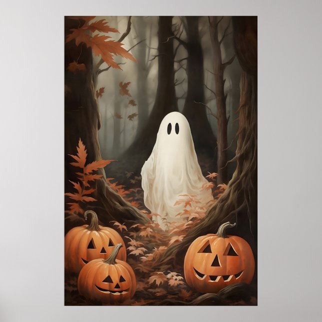 Affiche Fantôme dans les bois d'automne avec citrouilles,  (Devant)