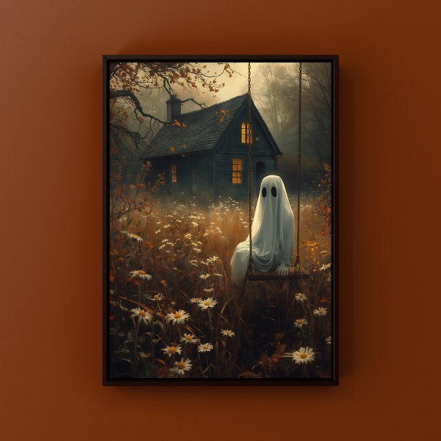 Affiche Fantôme d'automne rustique sur la neige Halloween  (Spooky Halloween Wall Art in Rustic Cottage Setting)