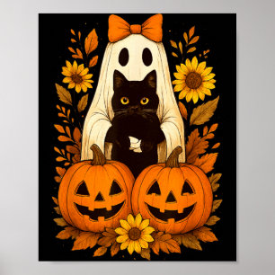 Affiche Fantôme de Halloween mignon vintage tenant un chat
