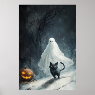 Affiche Fantôme d'Halloween et chat noir