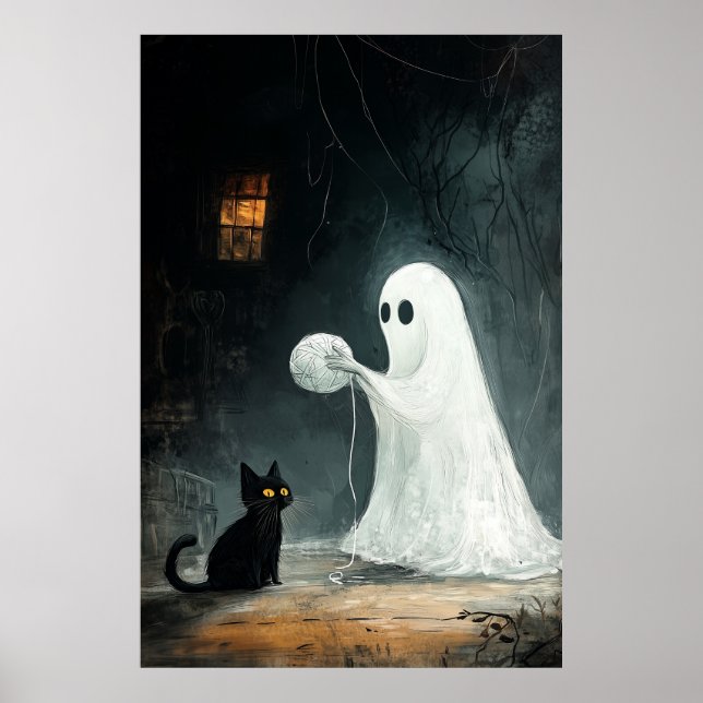 Affiche Fantôme d'Halloween et chat noir Jouer avec du fil (Devant)