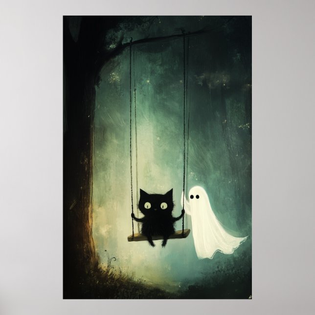 Affiche Fantôme d'Halloween et chat noir sur une aile (Devant)
