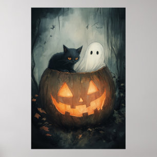 Affiche Fantôme d'Halloween et SPA de chat