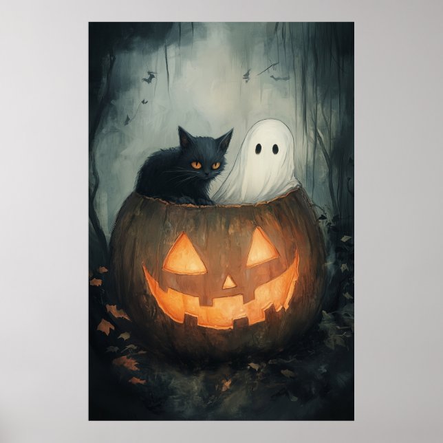 Affiche Fantôme d'Halloween et SPA de chat (Devant)