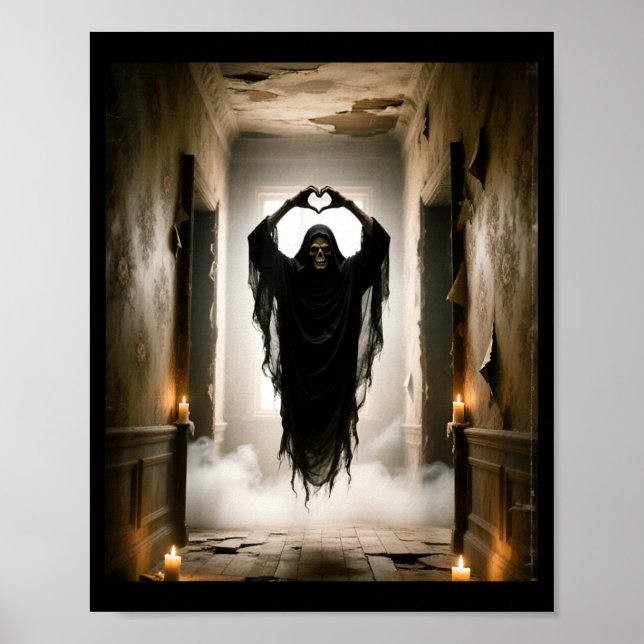 Affiche Fantôme drôle coeur mains visage effrayant hallowe (Devant)
