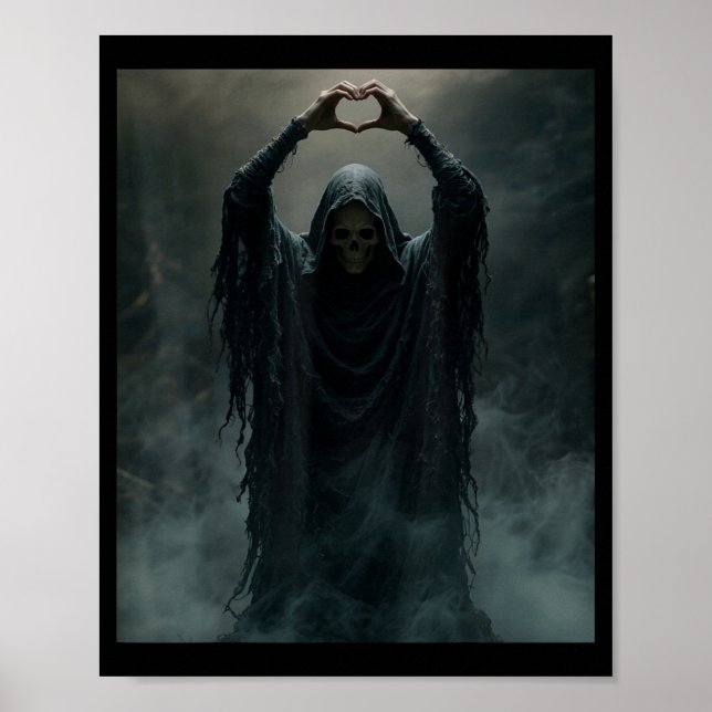 Affiche Fantôme drôle coeur mains visage effrayant hallowe (Devant)