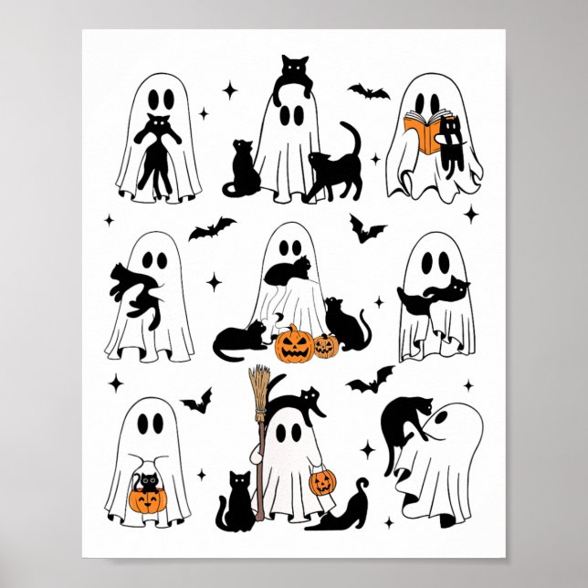 Affiche Fantôme Drôle Tenant Un Chat Noir Lazy Halloween S (Devant)