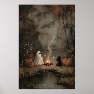 Affiche Fantôme et chat noir au feu de camp avec guimauves