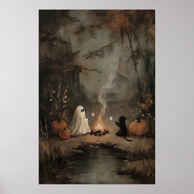 Affiche Fantôme et chat noir au feu de camp avec guimauves (Devant)