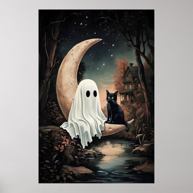 Affiche Fantôme et chat noir volant sur une lune dans une  (Devant)