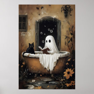 Affiche Fantôme lisant un livre et chat noir prenant un ba