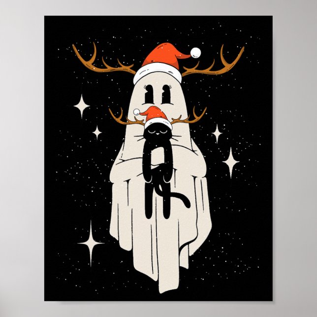 Affiche Fantôme mignon Avec Chapeau Santa tenant Chat noir (Devant)