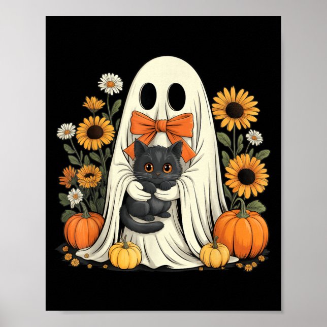 Affiche Fantôme Mignon Avec Citrouille D'Halloween De Chat (Devant)