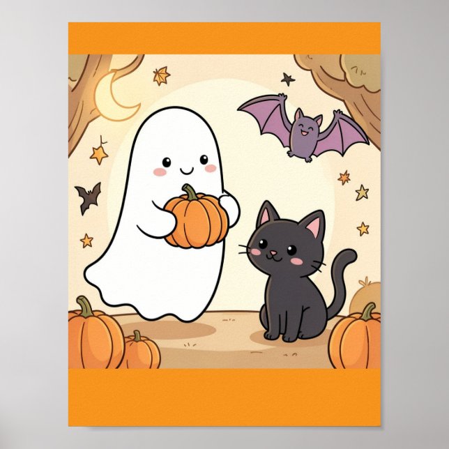 Affiche Fantôme Mignon Kawaii Amusant avec Chat Noir (Devant)