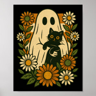 Affiche Fantôme mignon tenant un chat noir floral groovy d