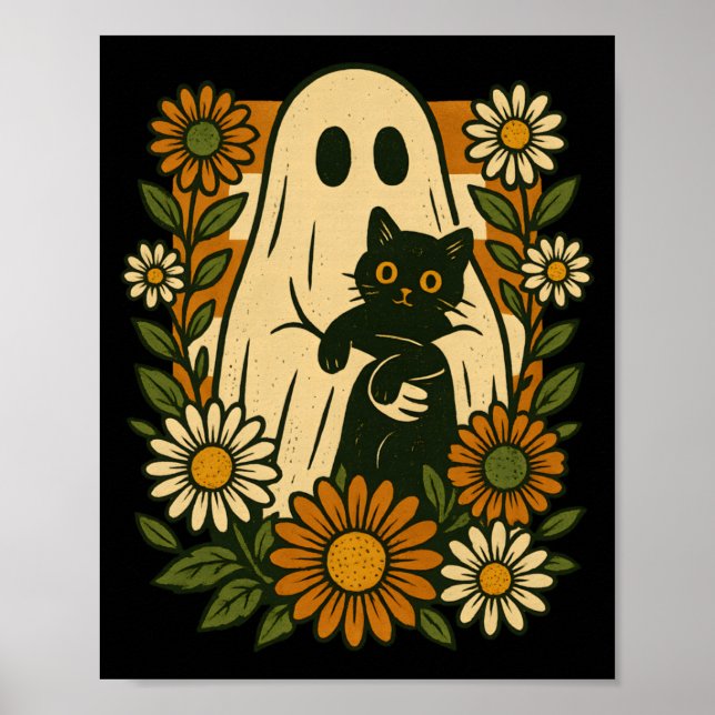 Affiche Fantôme mignon tenant un chat noir floral groovy d (Devant)