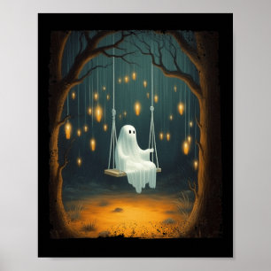 Affiche Fantôme Mignonne Sur Une Forêt D'Automne De Neige