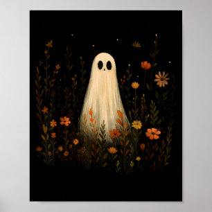 Affiche Fantôme sur un pré fleuri Halloween automne design