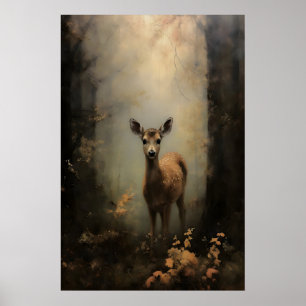Affiche Faon dans la forêt Dark Academia, bébé cerf art mu