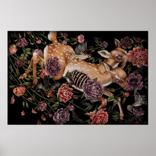 Affiche Faon de cerf avec oiseaux et fleurs gothique botan