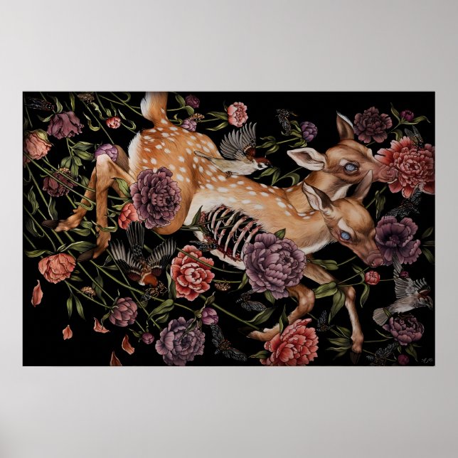 Affiche Faon de cerf avec oiseaux et fleurs gothique botan (Devant)