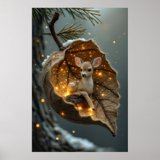 Affiche 🦌 Faon hivernal enchanté – Cocon de feuille lumin
