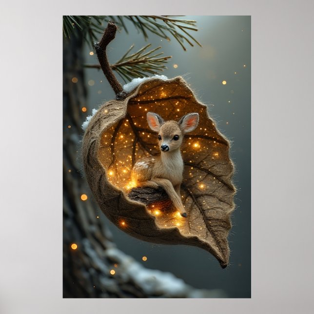 Affiche 🦌 Faon hivernal enchanté – Cocon de feuille lumin (Devant)