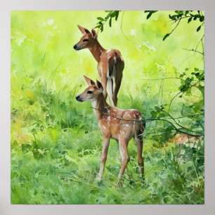 Affiche Faons jumeaux de cerf dans l'art aquarelle de la n