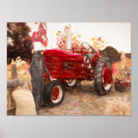 Farm Tractor Red Vintage Rustic Autumn Harvest