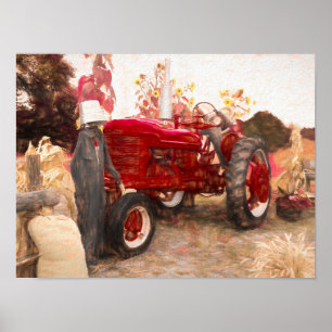 Affiche Farm Tractor Red Vintage Rustic Autumn Harvest