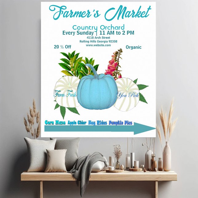 Affiche Farmers Citrouille Chute Bleu Bleu Blanc Récolte (Farmers Market Fall Pumpkins White Blue Harvest Poster)