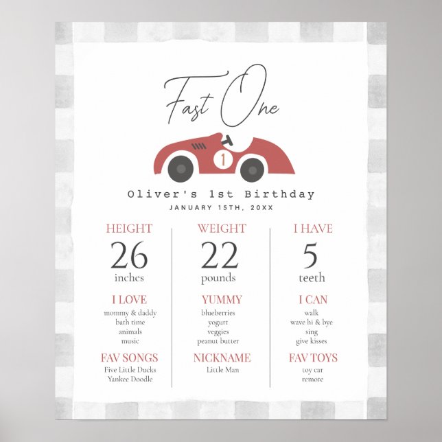 Affiche Fast One Red Race Car 1st Birthday Milestone (Devant)