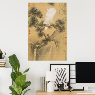 Affiche Faucon Blanc Vintage sur Art Chinois d'Arbre de Pi
